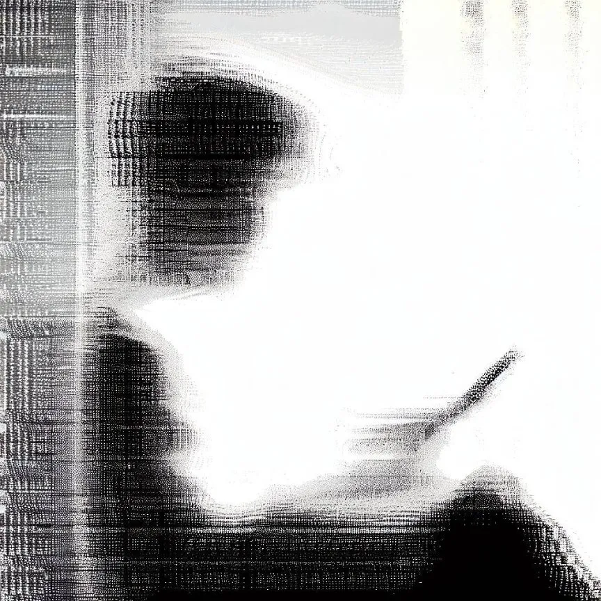 Abstract dithered image representing a person reading on the phone